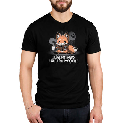 Premium Cotton T-shirt_Teeturtle I Love My Books Like I Love My Coffee black t-shirt featuring a fox holding a steaming coffee cup and reading a book with a skull on the cover. Text below reads: "I love my books like I love my coffee."