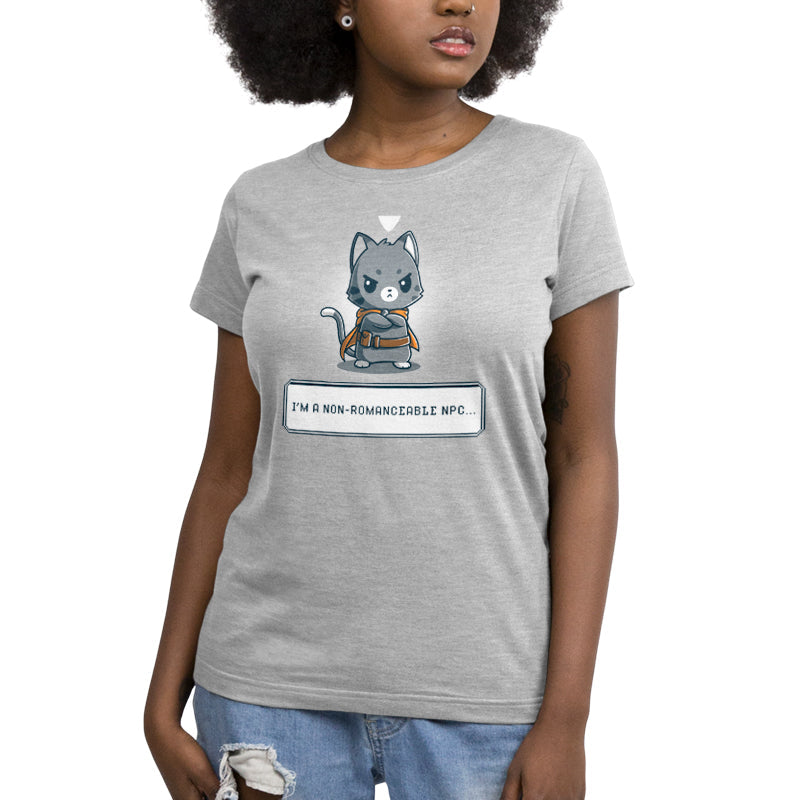 Premium Cotton T-shirt_TeeTurtle I'm a Non-Romanceable NPC silver gray t-shirt featuring a cartoon grey cat character with a cape standing with an annoyed expression and crossed arms.  Text below reads, "I'M A NON-ROMANCEABLE NPC." 