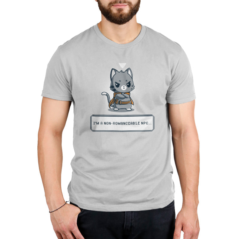 Premium Cotton T-shirt_TeeTurtle I'm a Non-Romanceable NPC silver gray t-shirt featuring a cartoon grey cat character with a cape standing with an annoyed expression and crossed arms.  Text below reads, "I'M A NON-ROMANCEABLE NPC." 