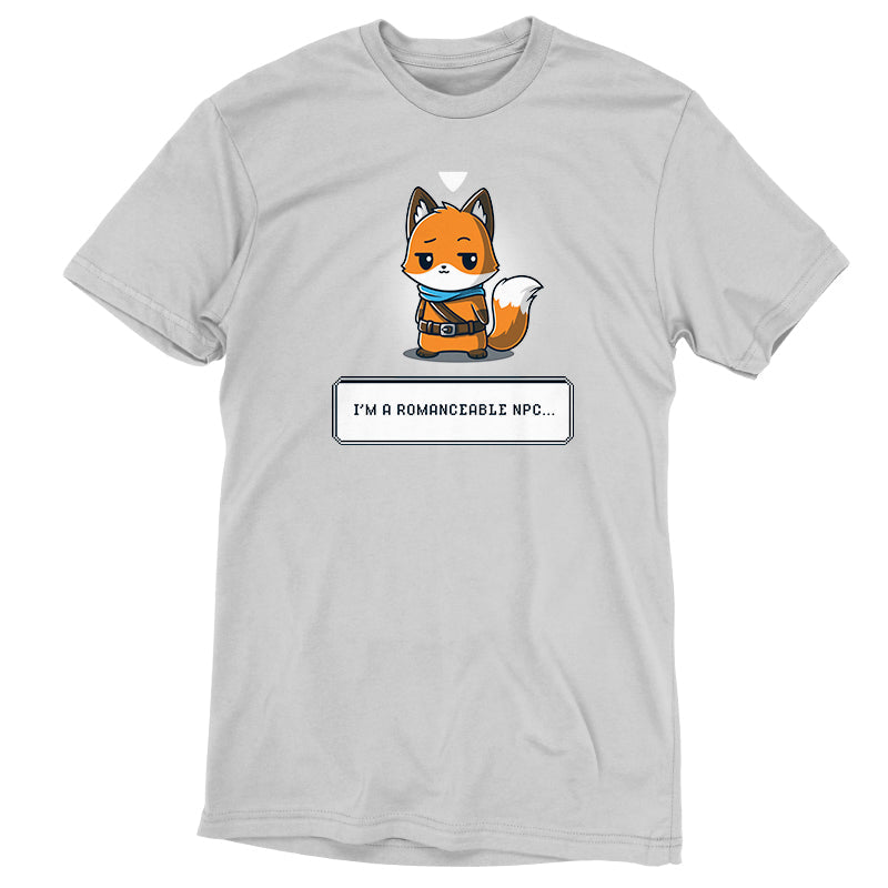 Premium Cotton T-shirt_TeeTurtle I'm a Romanceable NPC silver gray t-shirt featuring an illustration of an anthropomorphic fox, dressed in an adventurer's outfit, with text reading "I'm a Romanceable NPC" at the bottom. 