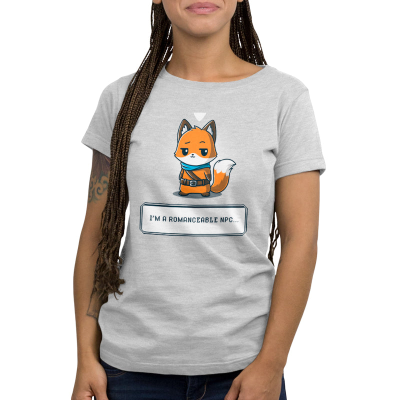 Premium Cotton T-shirt_TeeTurtle I'm a Romanceable NPC silver gray t-shirt featuring an illustration of an anthropomorphic fox, dressed in an adventurer's outfit, with text reading "I'm a Romanceable NPC" at the bottom. 