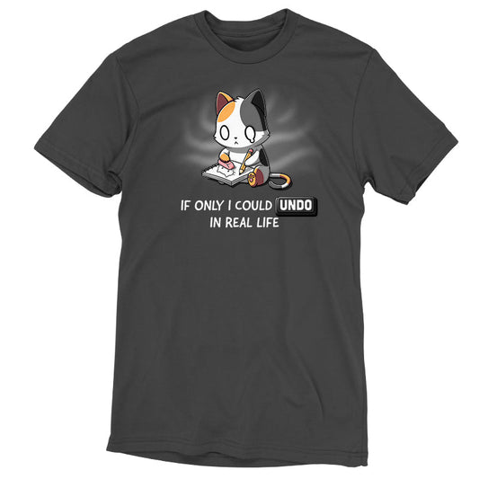 Premium Cotton T-shirt_TeeTurtle If Only I Could Undo in Real Life charcoal gray t-shirt featuring an illustration of a sad cartoon cat erasing a drawing, with 