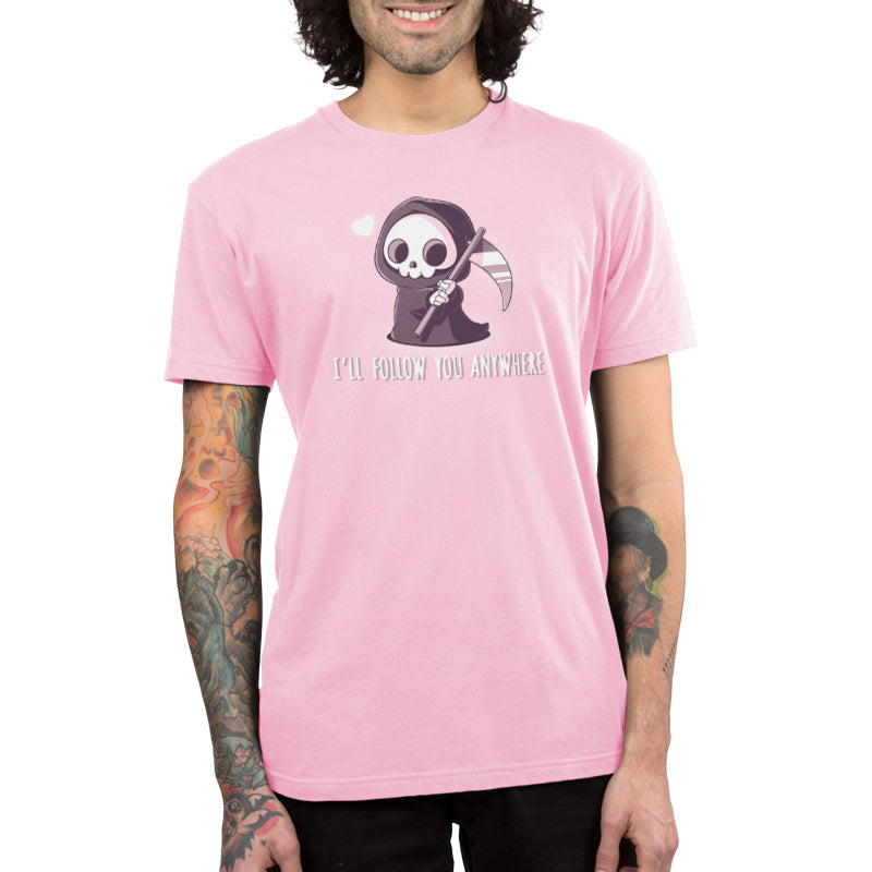 Premium Cotton T-shirt_TeeTurtle I'll follow you anywhere pink t-shirt featuring a grim reaper holding a scythe.