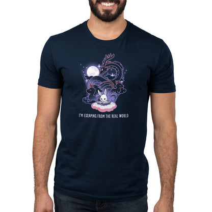 Premium Cotton T-shirt_TeeTurtle I'm Escaping from the Real World navy blue t-shirt featuring a bunny reading a book with a dragon, unicorn, and kitsune behind it.