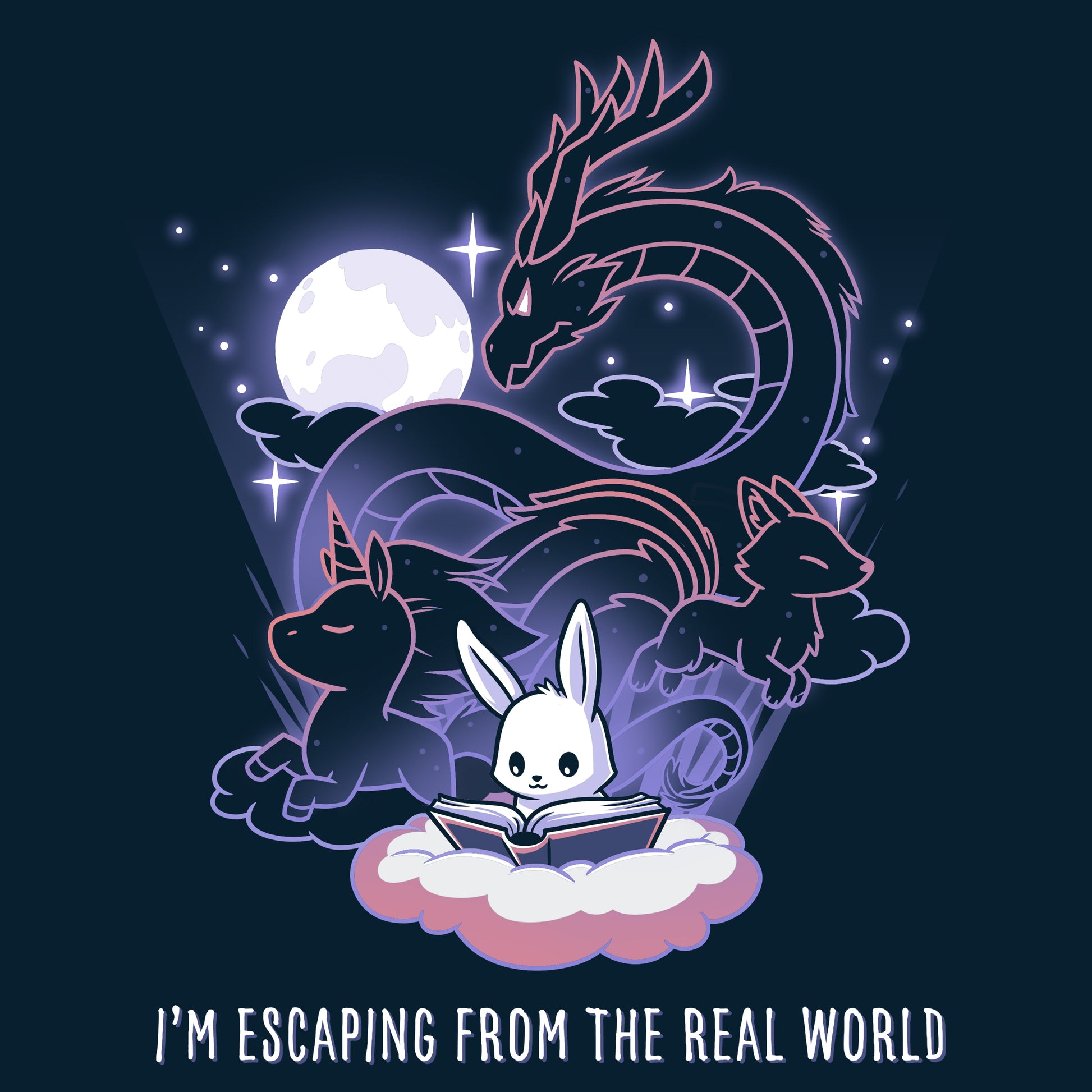 Premium Cotton T-shirt_TeeTurtle I'm Escaping from the Real World navy blue t-shirt featuring a bunny reading a book with a dragon, unicorn, and kitsune behind it.