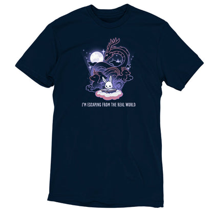 Premium Cotton T-shirt_TeeTurtle I'm Escaping from the Real World navy blue t-shirt featuring a bunny reading a book with a dragon, unicorn, and kitsune behind it.