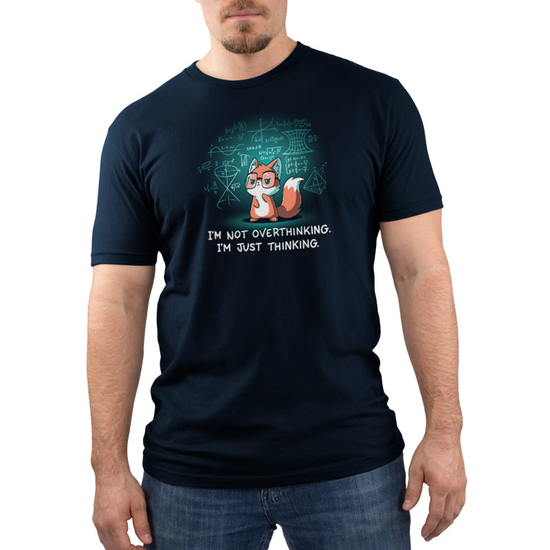 Premium Cotton T-shirt_TeeTurtle navy blue I'm Just Thinking. Featuring a thinking fox with glasses surrounded by mathematical equations.