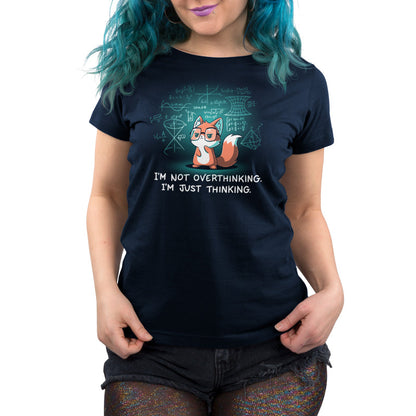 Premium Cotton T-shirt_TeeTurtle navy blue I'm Just Thinking. Featuring a thinking fox with glasses surrounded by mathematical equations.