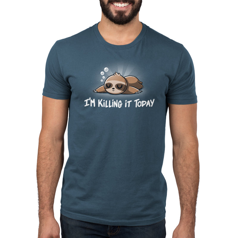 Premium Cotton T-shirt_TeeTurtle denim blue I'm Killing It Today t-shirt featuring a sleeping sloth.