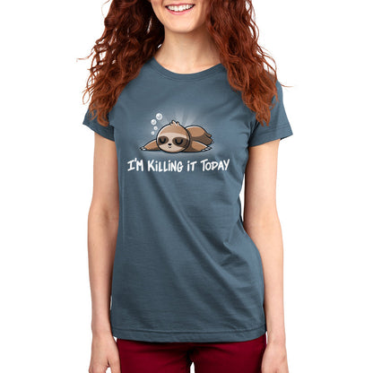 Premium Cotton T-shirt_TeeTurtle denim blue I'm Killing It Today t-shirt featuring a sleeping sloth.