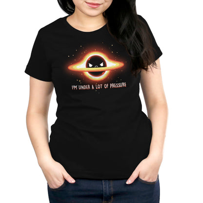 Premium Cotton T-shirt_Teeturtle I'm Under a Lot of Pressure black t-shirt featuring a planet with rings, depicting an angry expression. There are surrounding stars and text that reads: "I'M UNDER A LOT OF PRESSURE."