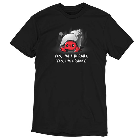 Premium Cotton T-shirt_Teeturtle I'm a Hermit black t-shirt featuring a hermit crab with an angry expression inside its shell. Text below reads, 