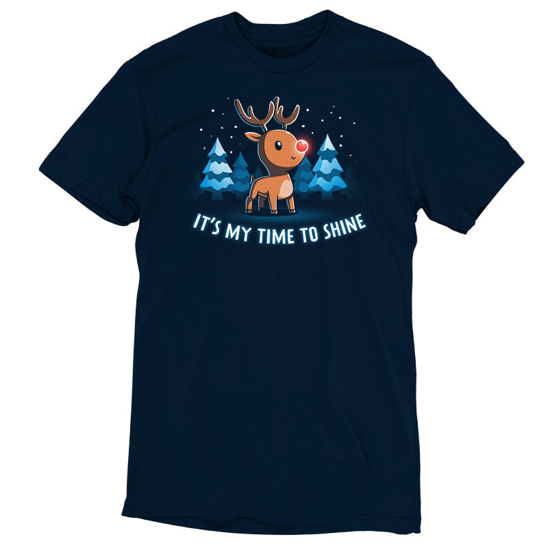 Premium Cotton T-shirt_TeeTurtle navy blue It's My Time To Shine. Featuring a reindeer with a red nose in a wintery forest.