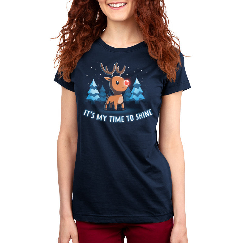 Premium Cotton T-shirt_TeeTurtle navy blue It's My Time To Shine. Featuring a reindeer with a red nose in a wintery forest.