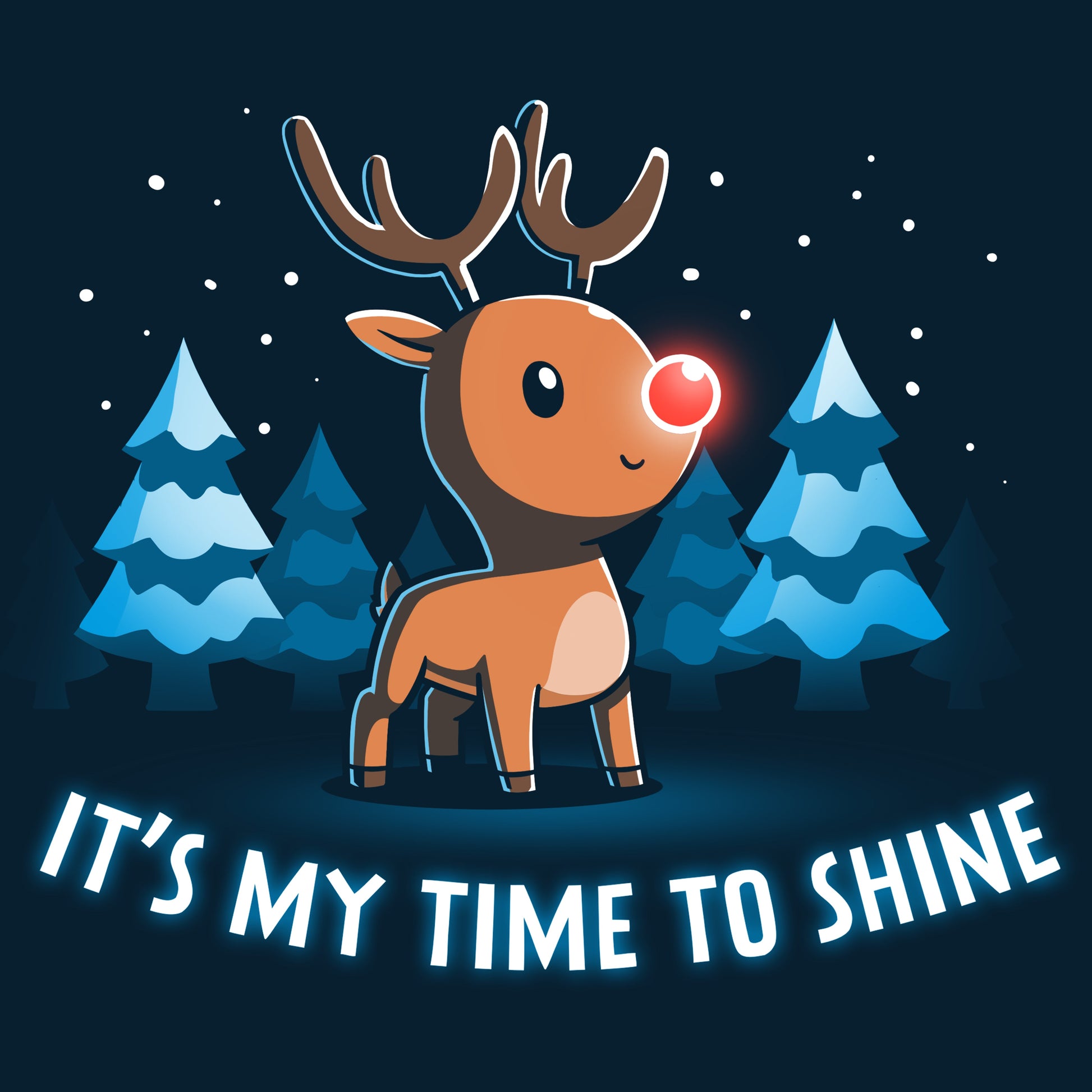 Premium Cotton T-shirt_TeeTurtle navy blue It's My Time To Shine. Featuring a reindeer with a red nose in a wintery forest.