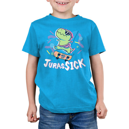 Premium Cotton T-shirt_TeeTurtle JurasSICK cobalt blue t-shirt featuring a cool dinosaur wearing sunglasses and a fanny pack, jumping on a skateboard. The word "JurasSICK" is written at the bottom.