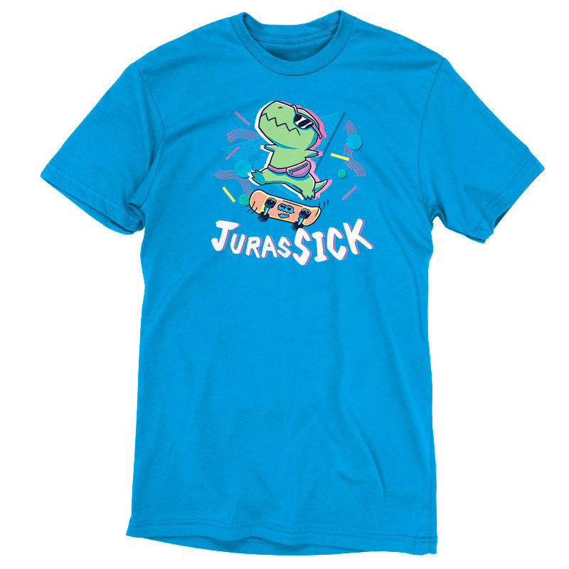 Premium Cotton T-shirt_TeeTurtle JurasSICK cobalt blue t-shirt featuring a cool dinosaur wearing sunglasses and a fanny pack, jumping on a skateboard. The word "JurasSICK" is written at the bottom.