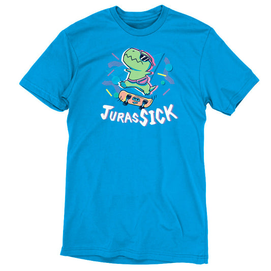 Premium Cotton T-shirt_TeeTurtle JurasSICK cobalt blue t-shirt featuring a cool dinosaur wearing sunglasses and a fanny pack, jumping on a skateboard. The word 