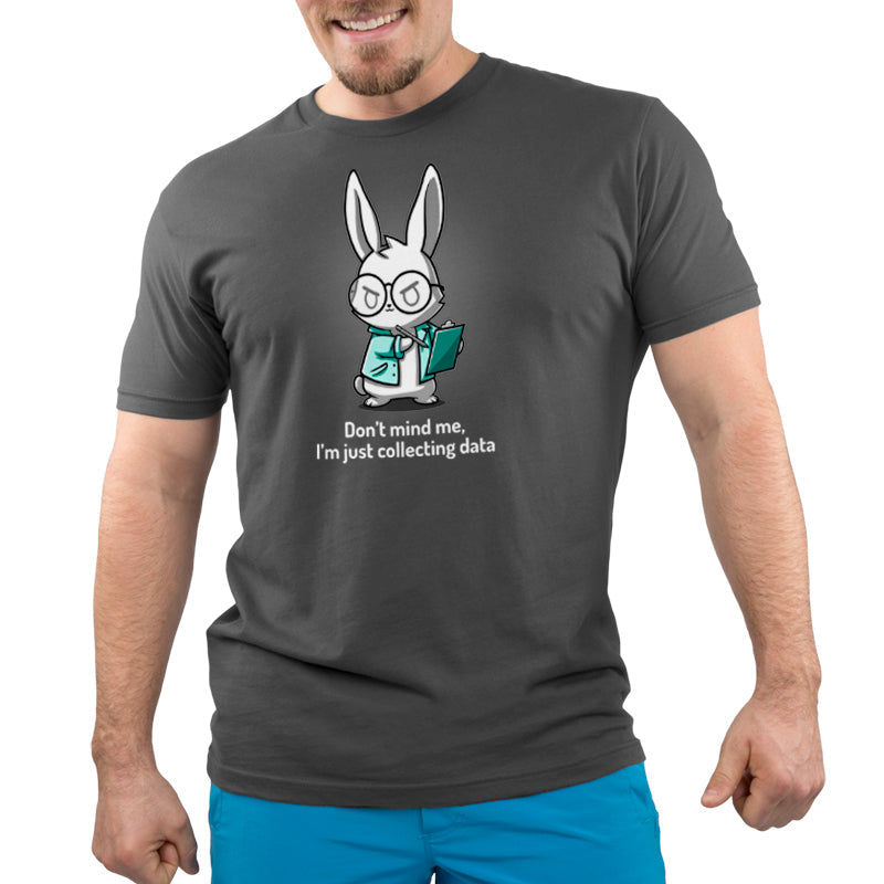 Premium Cotton T-shirt_TeeTurtle Just Collecting Data Charcoal Gray t-shirt featuring a cartoon rabbit wearing glasses and a lab coat holding a clipboard.