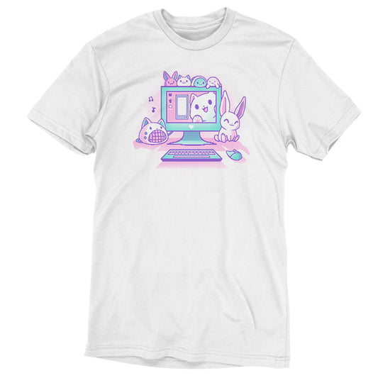 Premium Cotton T-shirt_TeeTurtle Kawaii Computer white t-shirt featuring a cute computer set-up with a bunny, cat speaker, and plushies.