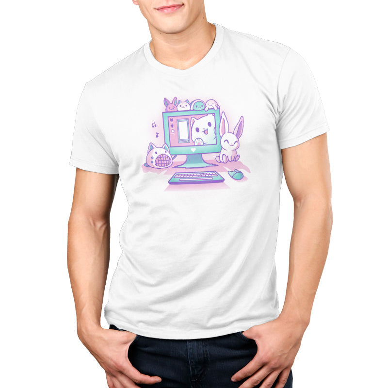 Premium Cotton T-shirt_TeeTurtle Kawaii Computer white t-shirt featuring a cute computer set-up with a bunny, cat speaker, and plushies.