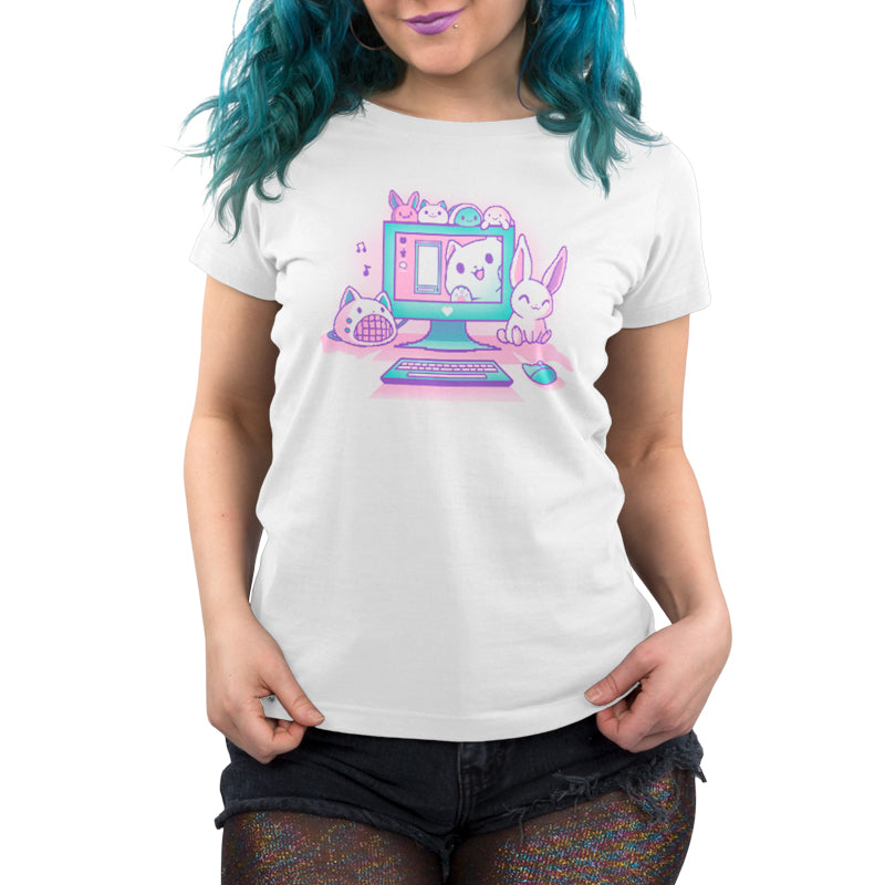 Premium Cotton T-shirt_TeeTurtle Kawaii Computer white t-shirt featuring a cute computer set-up with a bunny, cat speaker, and plushies.