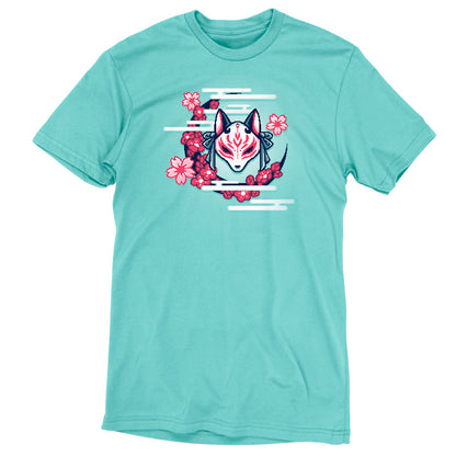 Premium Cotton T-shirt_TeeTurtle Kitsune Mask Pixel Art Caribbean blue t-shirt depicts a pixel art of a white fox mask with red markings and tied bows by a crescent of pink cherry blossoms and stylized white smoke.