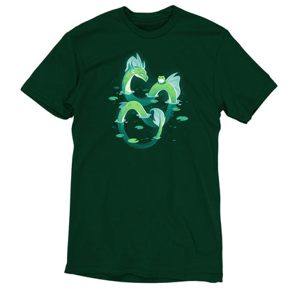 Premium Cotton T-shirt_TeeTurtle Lagoon Dragon forest green t-shirt featuring an artistic dragon in water with a frog on him.