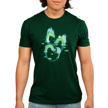 Premium Cotton T-shirt_TeeTurtle Lagoon Dragon forest green t-shirt featuring an artistic dragon in water with a frog on him.