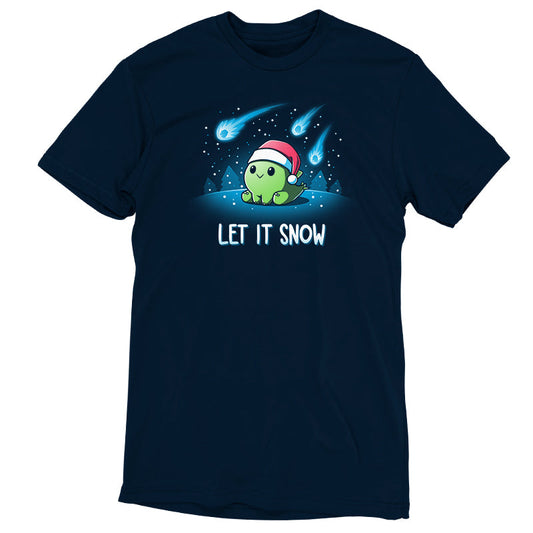 Premium Cotton T-shirt_TeeTurtle let it snow navy blue t-shirt featuring a dinosaur wearing a santa hat.