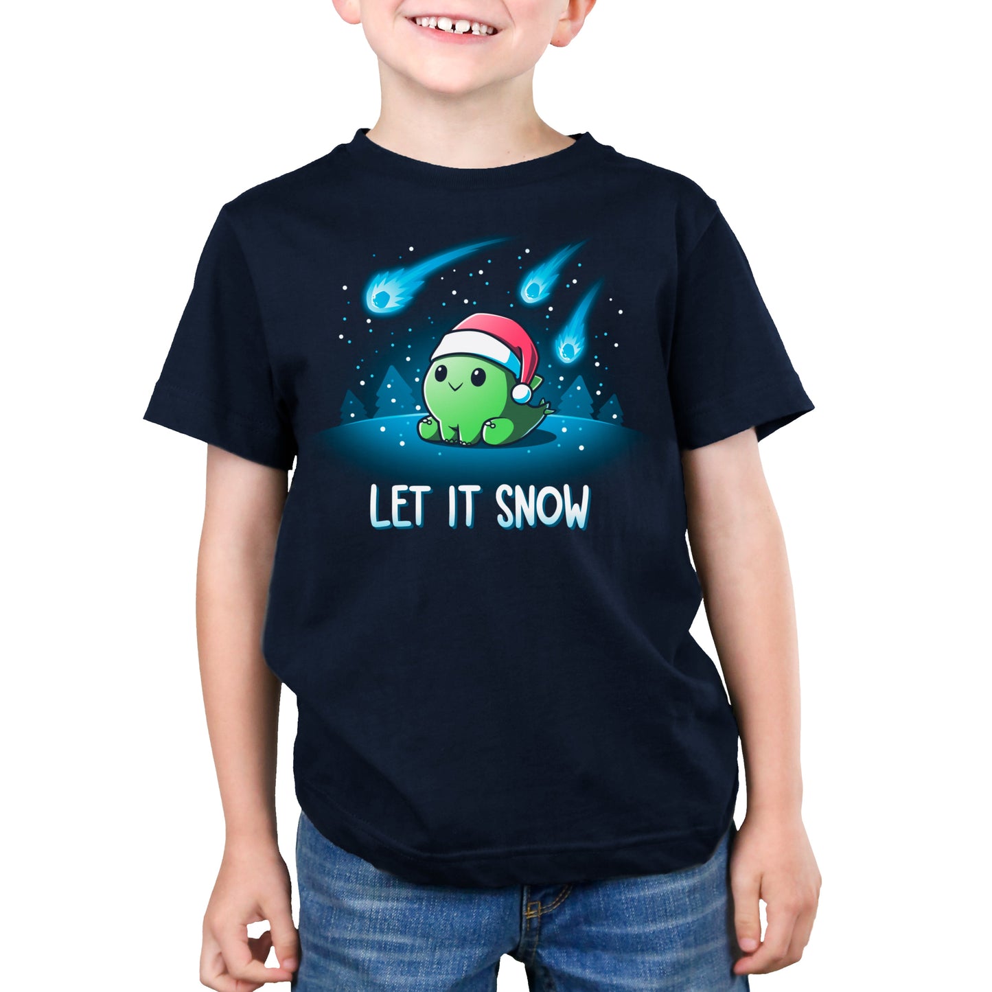 Premium Cotton T-shirt_TeeTurtle let it snow navy blue t-shirt featuring a dinosaur wearing a santa hat.