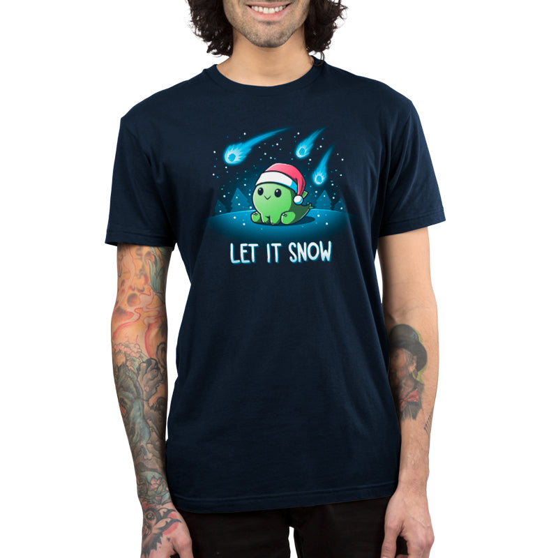 Premium Cotton T-shirt_TeeTurtle let it snow navy blue t-shirt featuring a dinosaur wearing a santa hat.