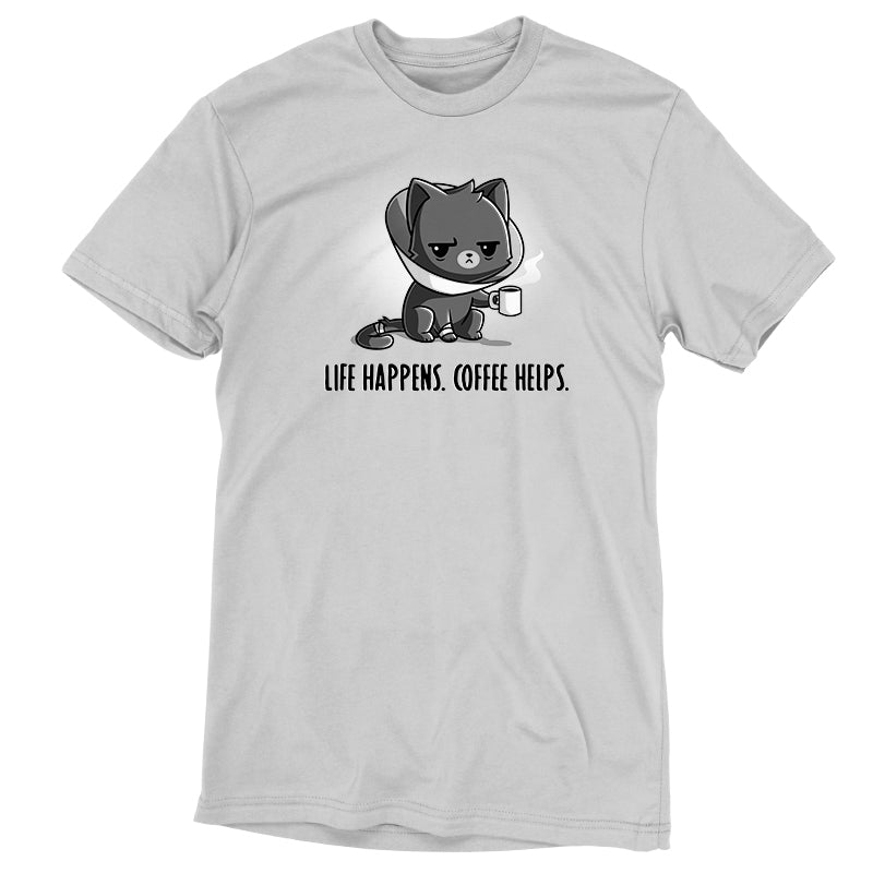 Premium Cotton T-shirt_Teeturtle Life Happens. Coffee Helps. silver gray t-shirt featuring a cat with a medical cone holding a steaming mug. The text below reads, "Life happens. Coffee helps."