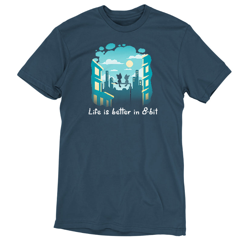 Premium Cotton T-shirt_TeeTurtle Life Is Better in 8-bit denim t-shirt featuring pixel art cityscape with two cats sitting on top of a lamppost under a partly cloudy sky. Text at the bottom reads "Life Is Better in 8-Bit." 