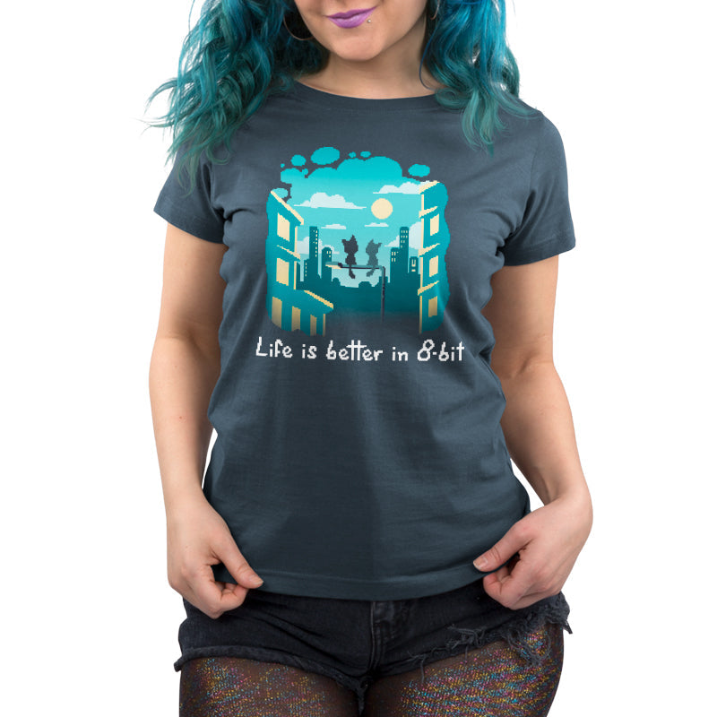 Premium Cotton T-shirt_TeeTurtle Life Is Better in 8-bit denim t-shirt featuring pixel art cityscape with two cats sitting on top of a lamppost under a partly cloudy sky. Text at the bottom reads "Life Is Better in 8-Bit." 