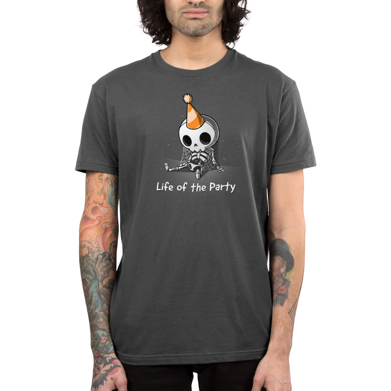 Premium Cotton T-shirt_TeeTurtle charcoal gray Life of the Party. Featuring a dusty skeleton wearing a party hat.