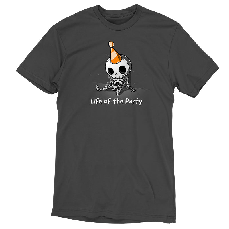 Premium Cotton T-shirt_TeeTurtle charcoal gray Life of the Party. Featuring a dusty skeleton wearing a party hat.