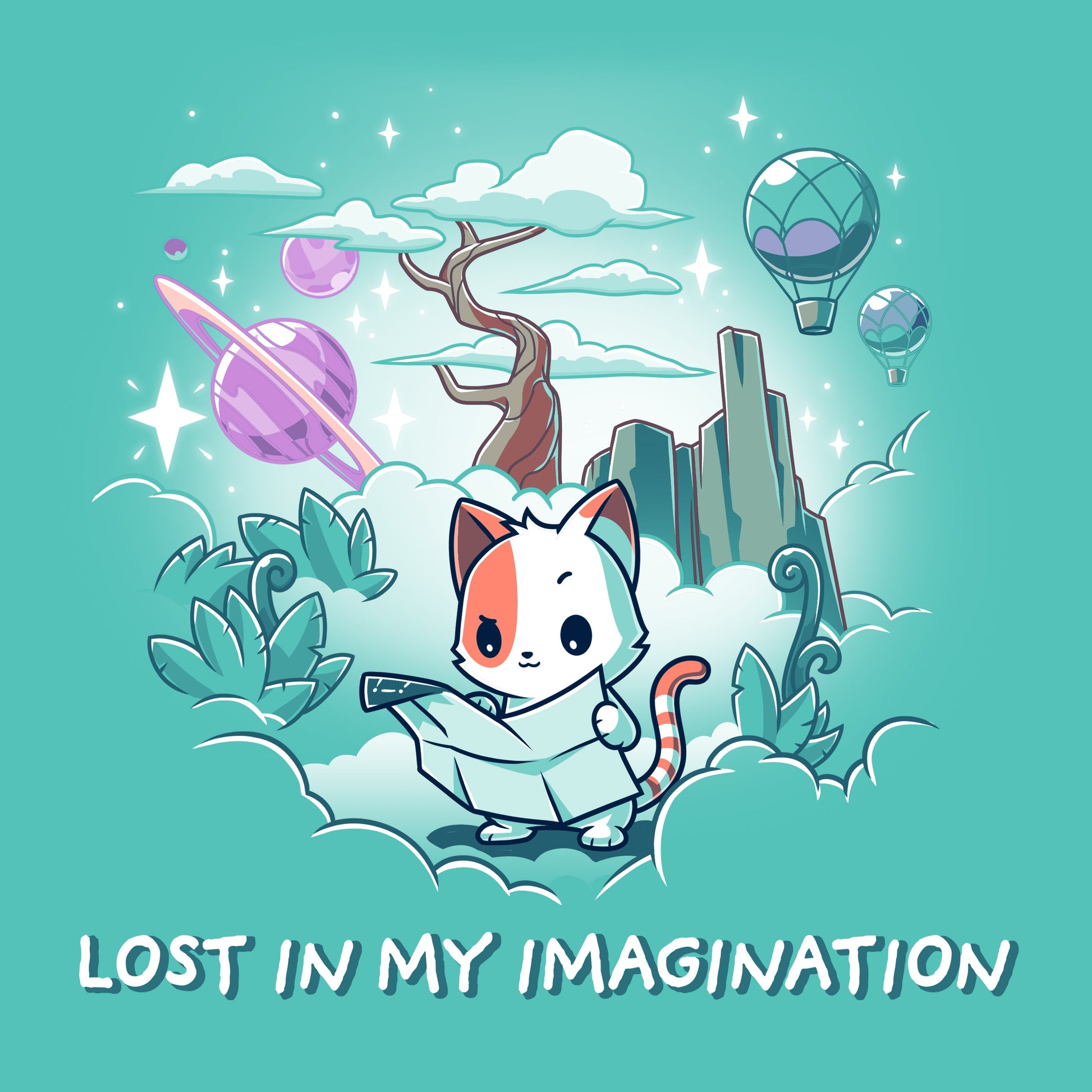 Premium Cotton T-shirt_Teeturtle Lost in My Imagination caribbean blue t-shirt featuring a cat holding a map, surrounded by clouds, plants, and floating elements such as planets and hot air balloons. Text below reads "LOST IN MY IMAGINATION."