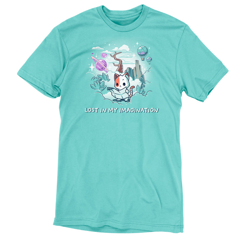 Premium Cotton T-shirt_Teeturtle Lost in My Imagination caribbean blue t-shirt featuring a cat holding a map, surrounded by clouds, plants, and floating elements such as planets and hot air balloons. Text below reads "LOST IN MY IMAGINATION."