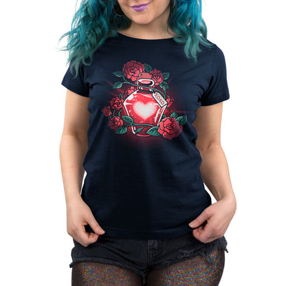 Premium Cotton T-shirt_TeeTurtle Love Potion navy blue t-shirt featuring a glowing red heart-shaped potion bottle surrounded by roses and vines. A tag with "XOXO" hangs from the bottle.