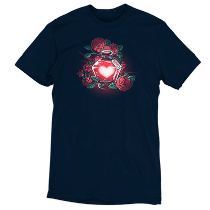 Premium Cotton T-shirt_TeeTurtle Love Potion navy blue t-shirt featuring a glowing red heart-shaped potion bottle surrounded by roses and vines. A tag with "XOXO" hangs from the bottle.