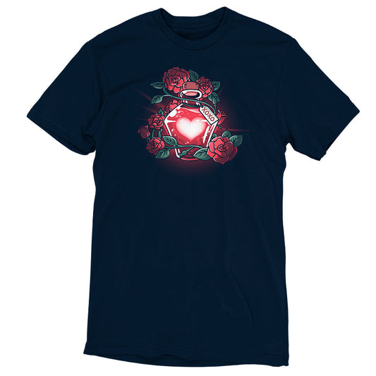 Premium Cotton T-shirt_TeeTurtle Love Potion navy blue t-shirt featuring a glowing red heart-shaped potion bottle surrounded by roses and vines. A tag with 