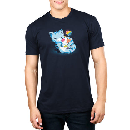 Premium Cotton T-shirt_TeeTurtle Love in All Colors navy blue t-shirt featuring two cartoon cats cuddling in a pride design. The larger cat is navy blue with stripes, and the smaller cat has multi colored patches. A rainbow-colored heart hovers above them.