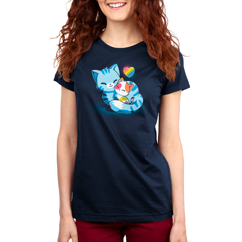 Premium Cotton T-shirt_TeeTurtle Love in All Colors navy blue t-shirt featuring two cartoon cats cuddling in a pride design. The larger cat is navy blue with stripes, and the smaller cat has multi colored patches. A rainbow-colored heart hovers above them.