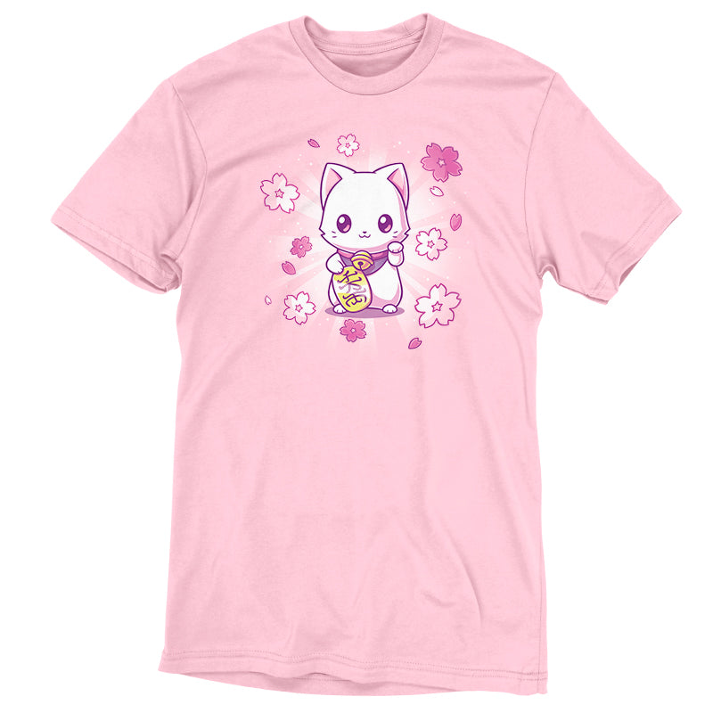 Premium Cotton T-shirt_TeeTurtle Lucky Sakura Kitty light pink t-shirt featuring a kawaii cat surrounded by flowers.