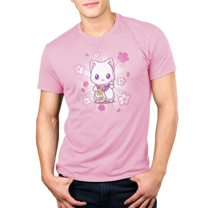 Premium Cotton T-shirt_TeeTurtle Lucky Sakura Kitty light pink t-shirt featuring a kawaii cat surrounded by flowers.