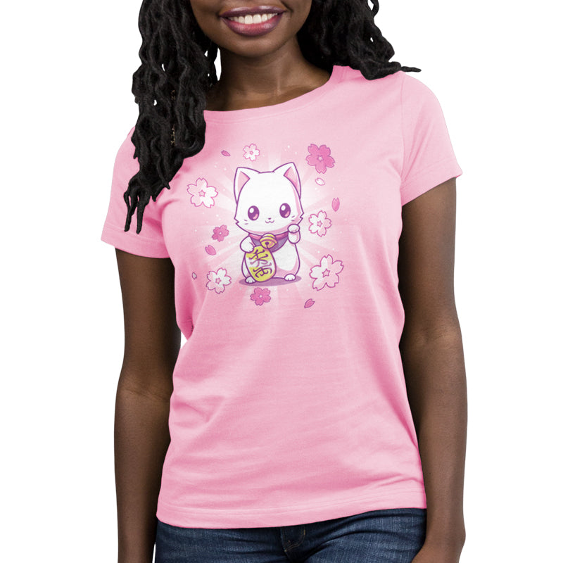 Premium Cotton T-shirt_TeeTurtle Lucky Sakura Kitty light pink t-shirt featuring a kawaii cat surrounded by flowers.