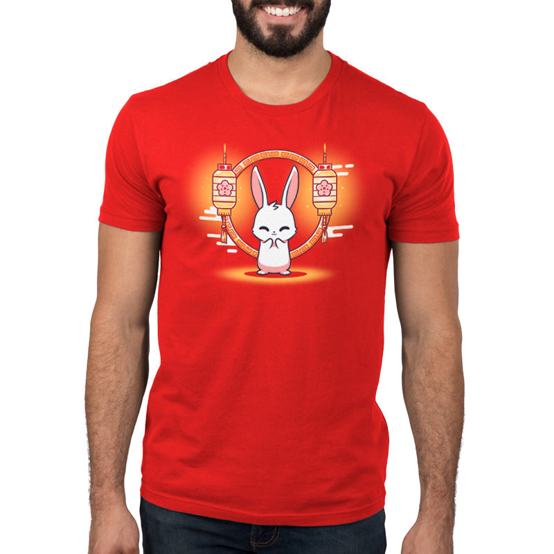 Premium Cotton T-shirt_TeeTurtle Lunar New Year Bunny red t-shirt featuring a cheerful white bunny in front of lunar new year themed lanterns.