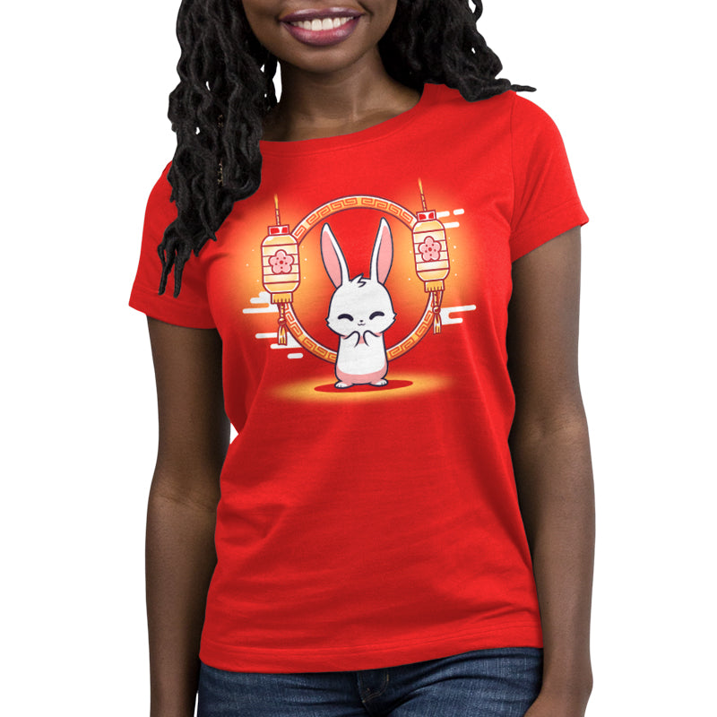 Premium Cotton T-shirt_TeeTurtle Lunar New Year Bunny red t-shirt featuring a cheerful white bunny in front of lunar new year themed lanterns.