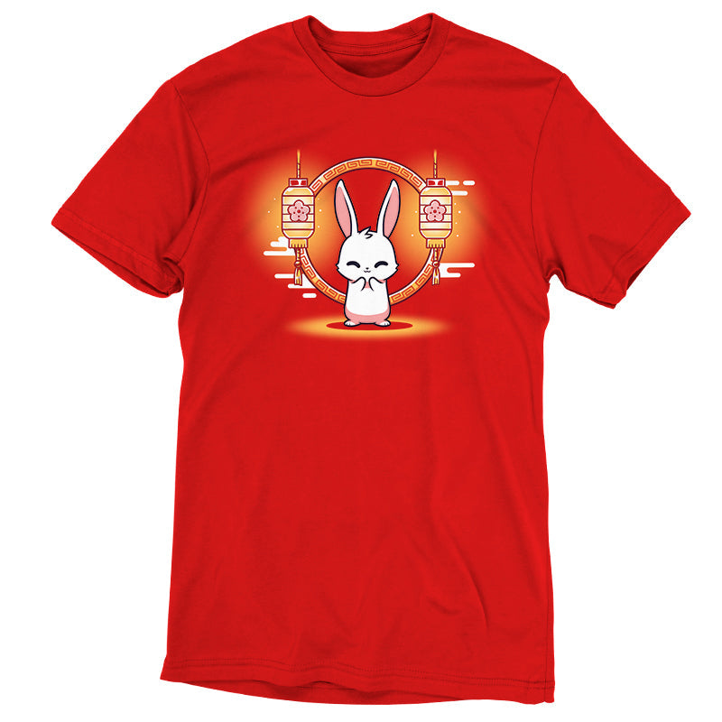 Premium Cotton T-shirt_TeeTurtle Lunar New Year Bunny red t-shirt featuring a cheerful white bunny in front of lunar new year themed lanterns.